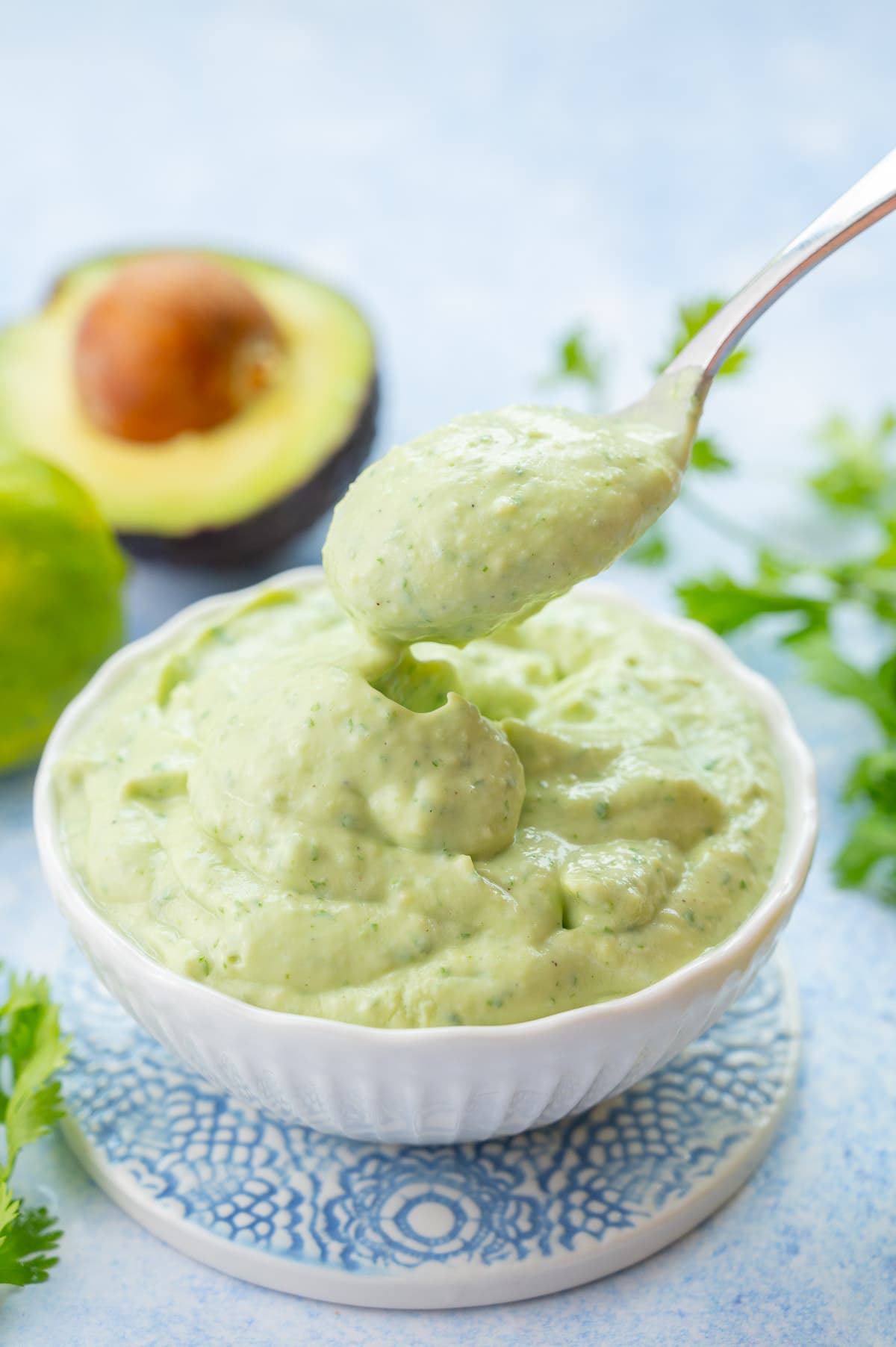 Avocado sauce in a white bowl.
